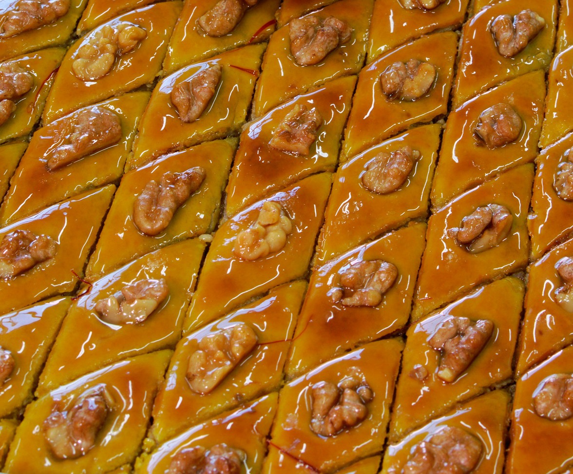 A tray of diamond-cut Baku paxlava, a walnut on every piece